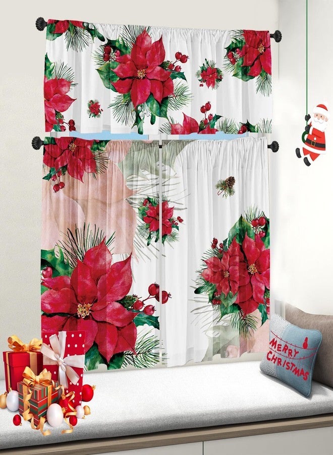 Deztibos Christmas Poinsettia Curtain Valances Set - Upper & Lower Curtains, 52'' L x 18'' W & 36'' L x 26'' W, Kitchen Windows Decor, 3 Piece Set, Red - Image 5